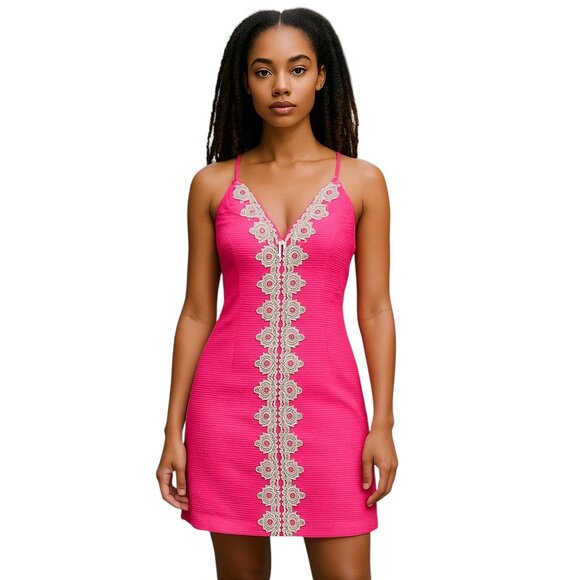 Lilly Pulitzer Pink Gold Embroidered Shift Dress Size 2 - Picture 1 of 8